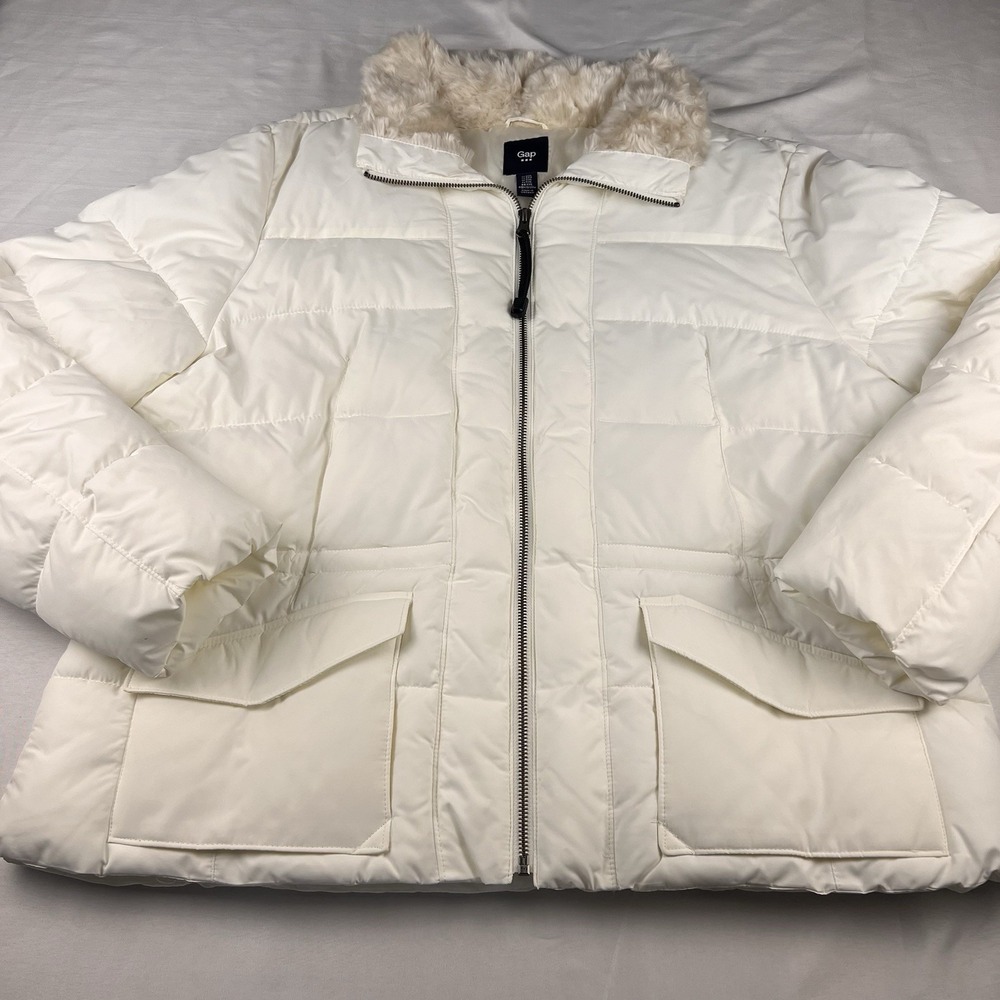 Gap Faux Fur Trim Puffer Jacket Slant Flap Pockets Cinch Waist Antique White 2XL